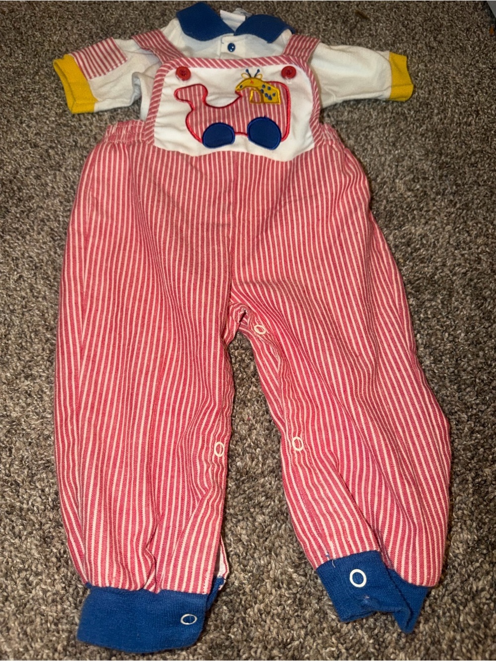Vintage Donmoor Train Red Stripped Yellow Blue Giraffe Overalls Size 18 months
